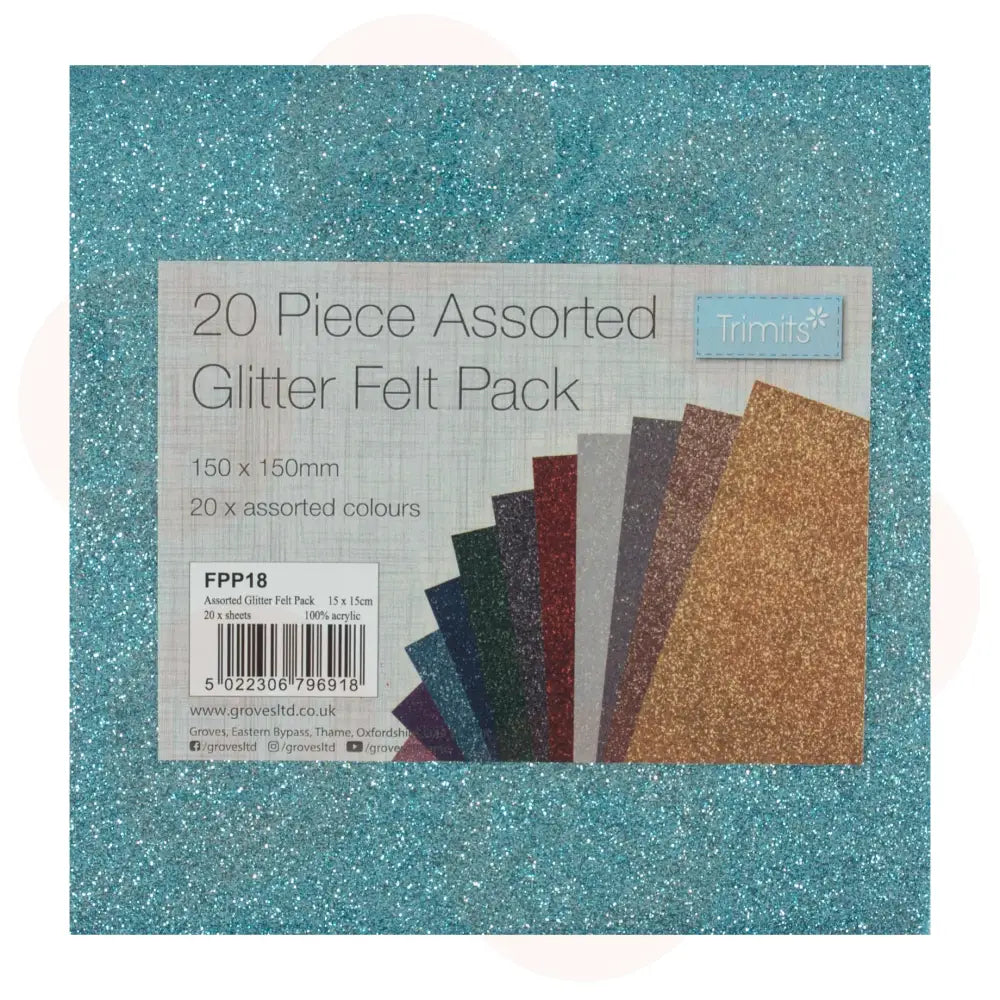 FPP18 Felt: Acrylic: 15 x 15cm: Glitter: Assorted Colours: 20 Pieces HABADASHERY