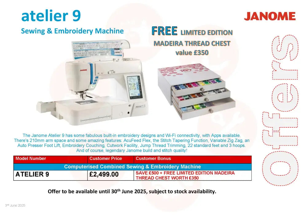 Janome Atelier 9 Sewing & Embroidery Machine **Free Madeira Thread Chest worth £350 Domestic